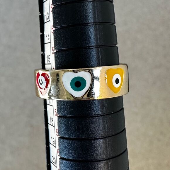 NIB Pretty Bird Colorful Heart Design Evil Eye Yellow Gold Plated Ring Size 8 - Picture 3 of 8